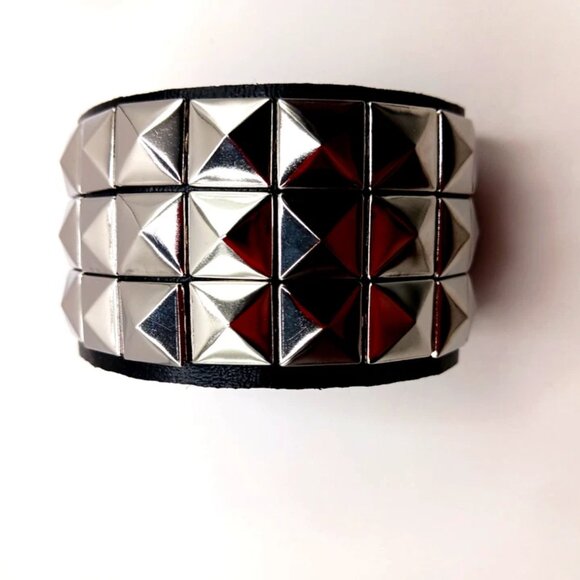 Goth Triple Row Square Studded Vegan Leather Bracelet - Picture 7 of 9